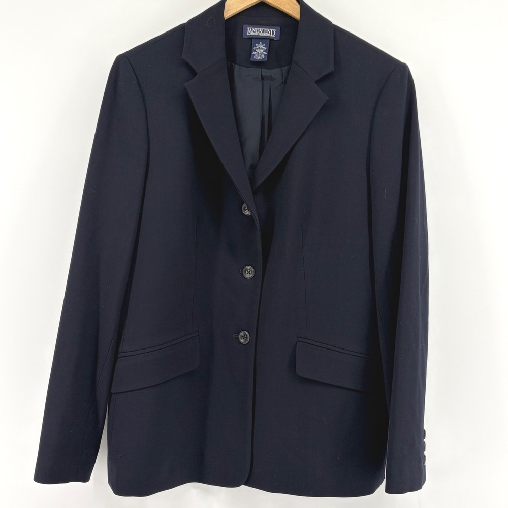 Lands End Womens Navy Blue WOOL Blend 3 Button Blazer Jacket Size 8 Regular